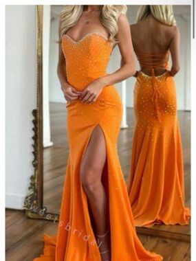 Strapless Orange Rhinestone Evening Gown with High Slit